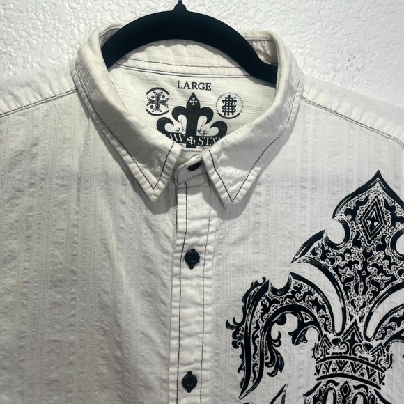 Raw State Shirt Mens Large White Graphic Renegade Goth Fleur de Lis Wings Cross - Picture 6 of 15
